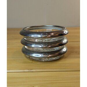 W&S Blackinton Silver Plate Trim Glass Coasters‎ Sunburst Italy Set of 3 Vintage